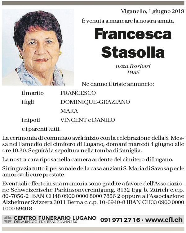 Annuncio funebre Francesca Stasolla