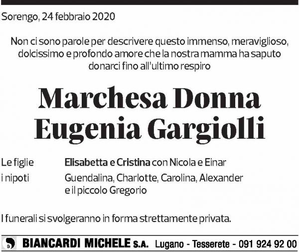 Annuncio funebre Marchesa Donna Eugenia Gargiolli