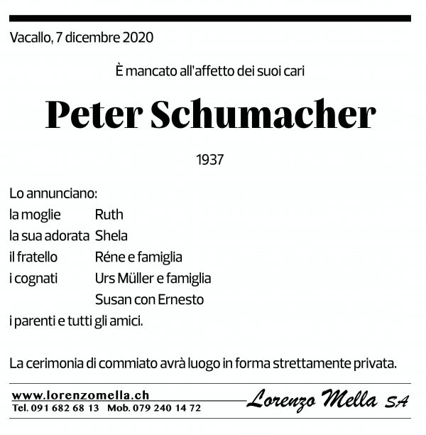 Annuncio funebre Peter Schumacher