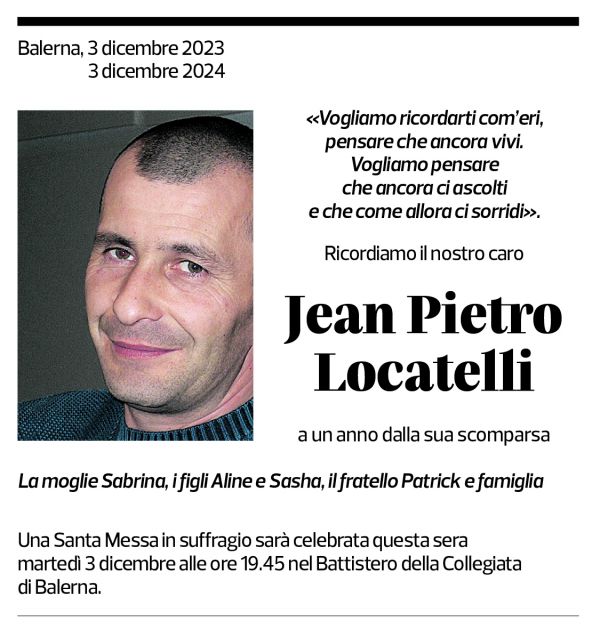 Annuncio funebre Jean Pietro Locatelli