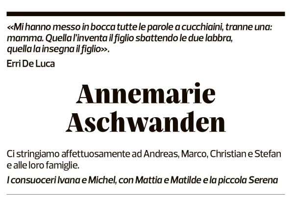 Annuncio funebre Annemarie Aschwanden