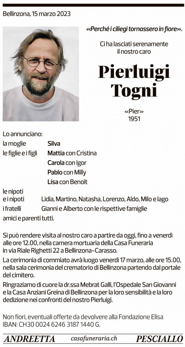 Annuncio funebre Pierluigi Togni