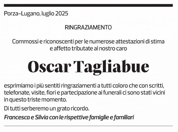 Annuncio funebre Oscar Tagliabue