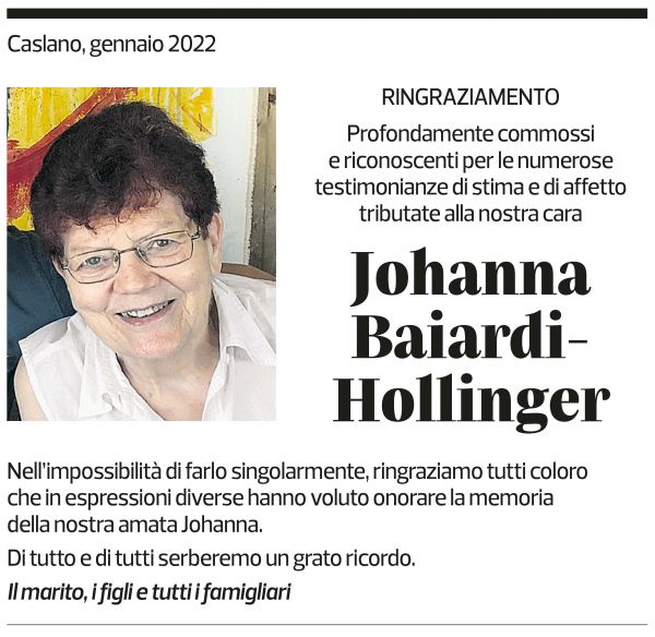 Annuncio funebre Johanna Baiardi-hollinger