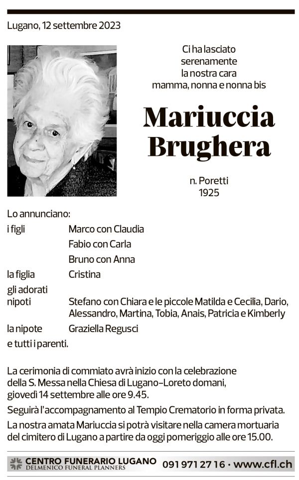 Annuncio funebre Mariuccia Brughera