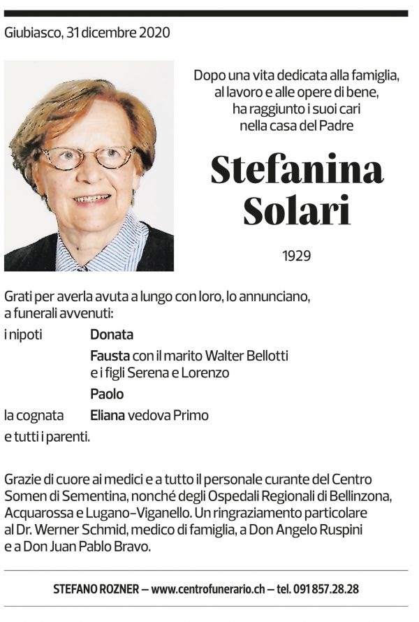 Annuncio funebre Stefanina Solari