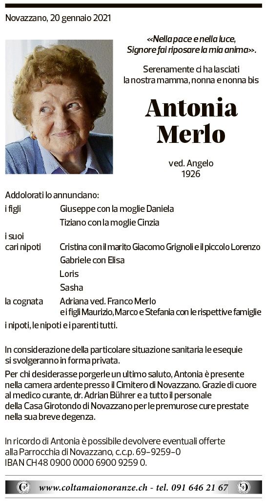 Annuncio funebre Antonia Merlo