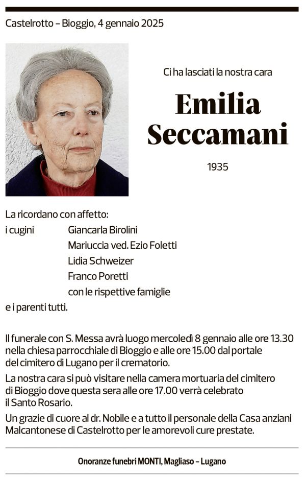 Annuncio funebre Emilia Seccamani