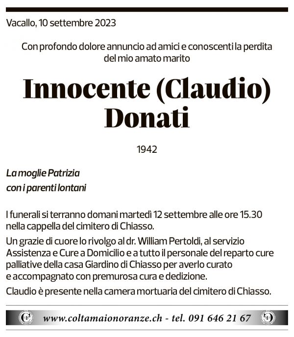 Annuncio funebre Innocente Claudio Donati