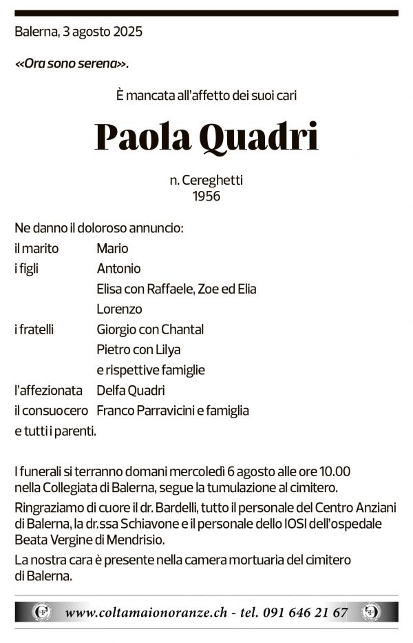 Annuncio funebre Paola Quadri
