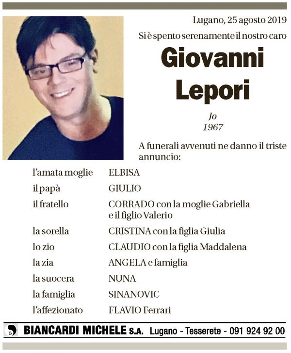 Annuncio funebre Giovanni Lepori