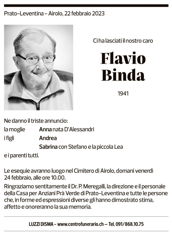 Annuncio funebre Flavio Binda