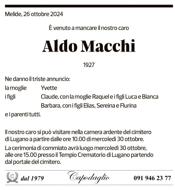 Annuncio funebre Aldo Macchi