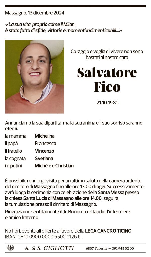 Annuncio funebre Salvatore Fico