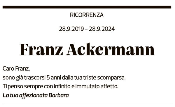 Annuncio funebre Franz Ackermann