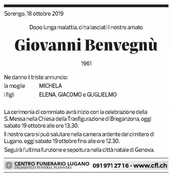 Annuncio funebre Giovanni Benvegnù