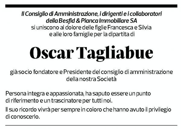 Annuncio funebre Oscar Tagliabue