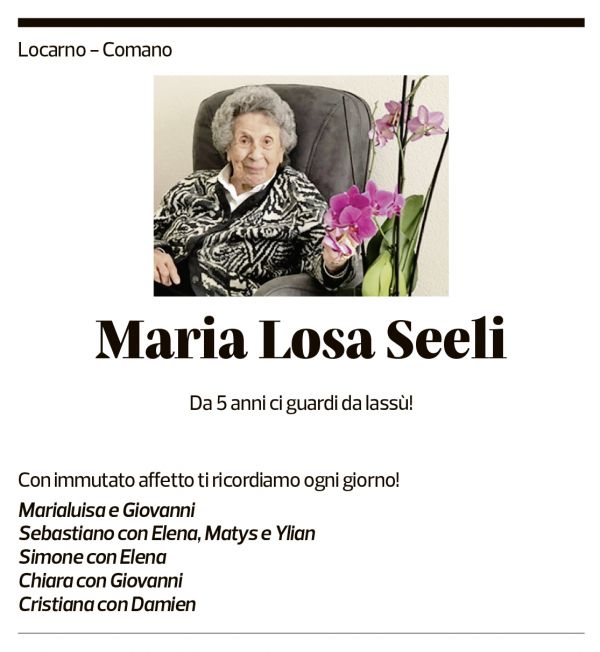 Annuncio funebre Maria Losa Seeli