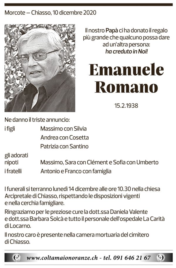 Annuncio funebre Emanuele Romano