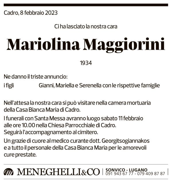 Annuncio funebre Mariolina Maggiorini