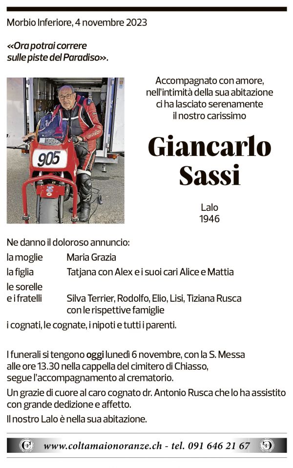 Annuncio funebre Giancarlo Sassi