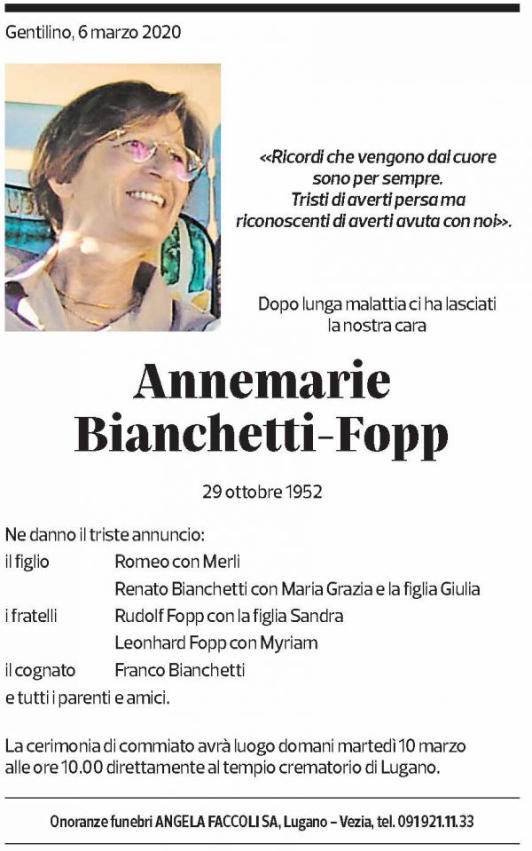 Annuncio funebre Annemarie Bianchetti-fopp