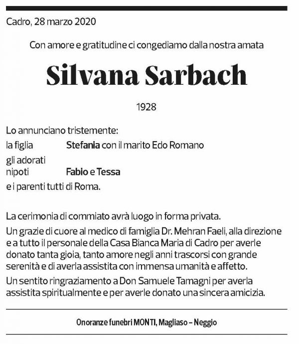 Annuncio funebre Silvana Sarbach