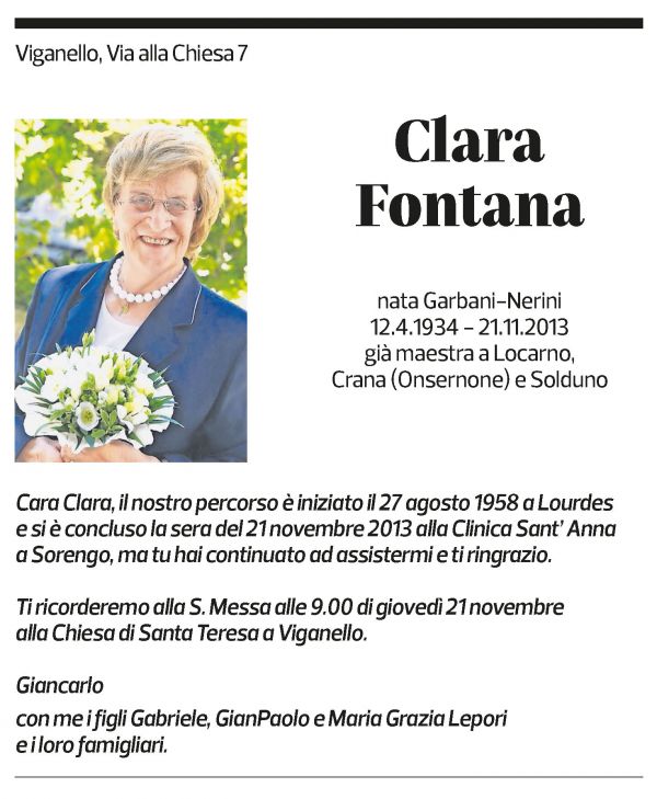 Annuncio funebre Clara Fontana