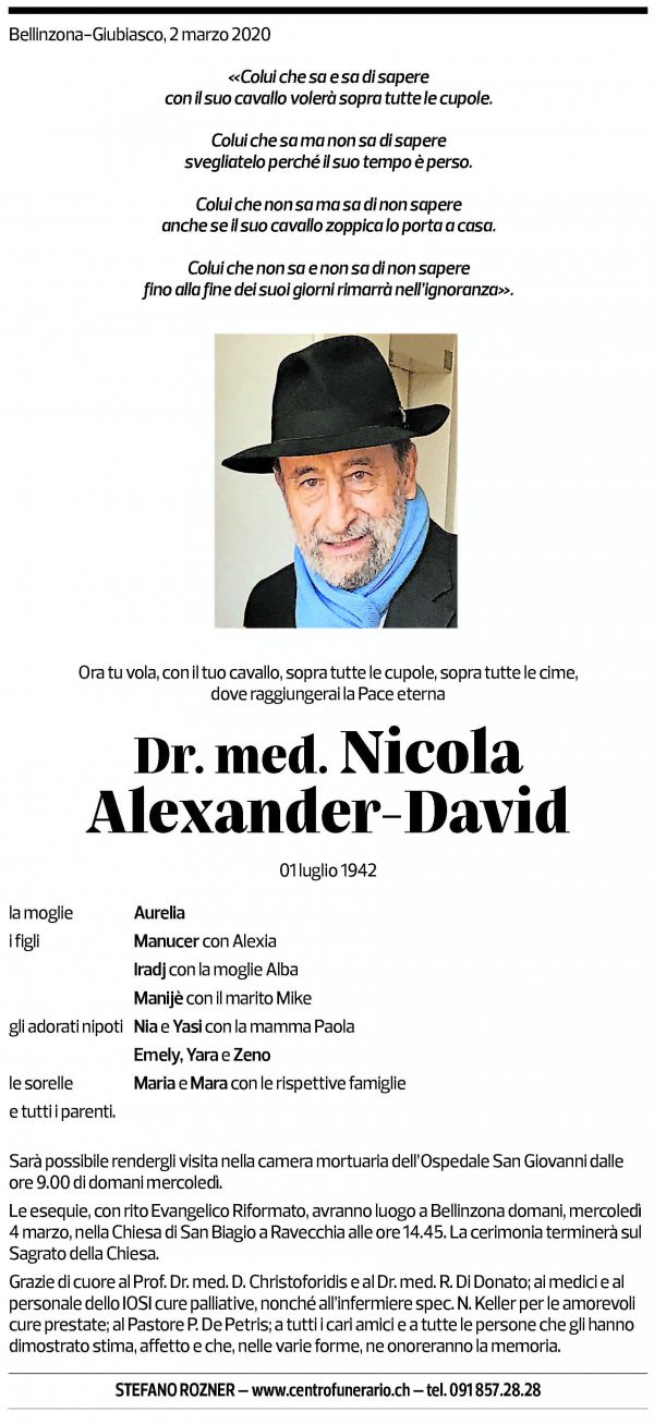 Annuncio funebre Dr Med Nicola Alexander - David