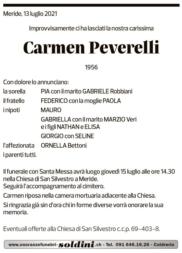 Annuncio funebre Carmen Peverelli