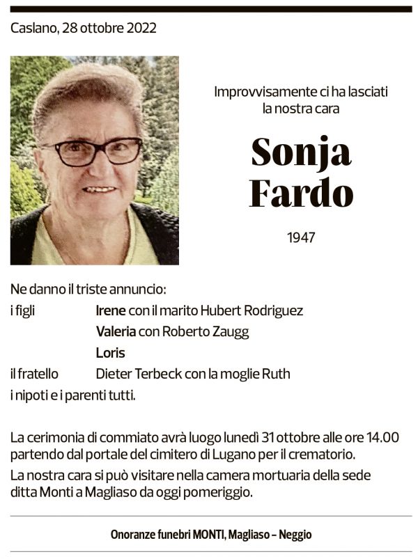 Annuncio funebre Sonja Fardo