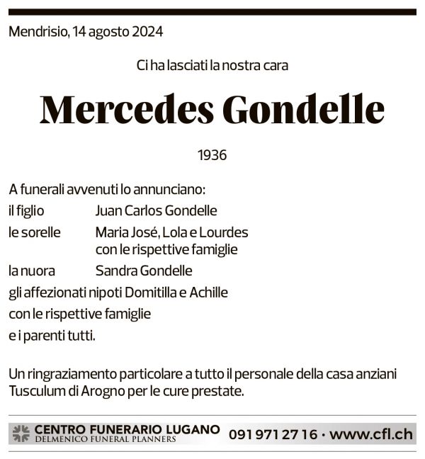 Annuncio funebre Mercedes Gondelle