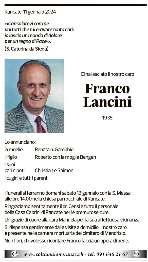 Annuncio funebre Franco Lancini