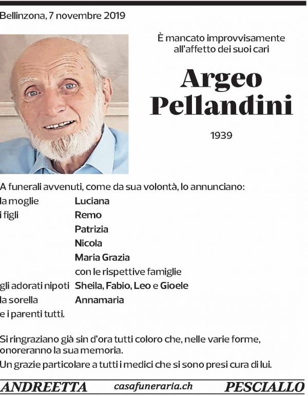 Annuncio funebre Argeo Pellandini