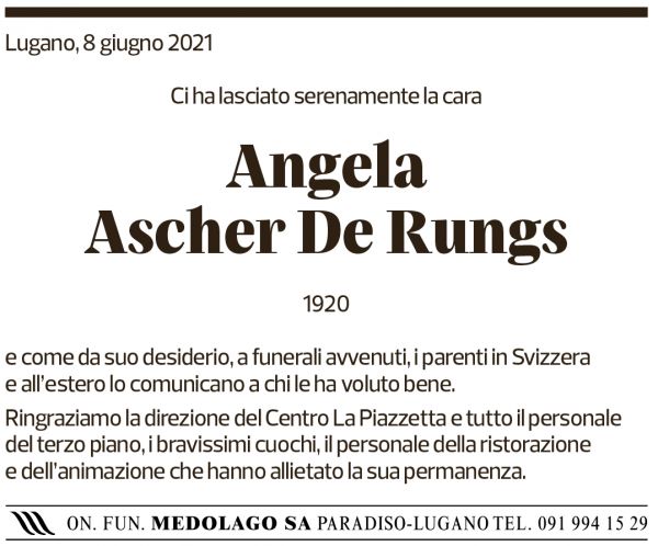 Annuncio funebre Angela Ascher De Rungs