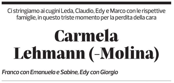 Annuncio funebre Carmela Lehmann