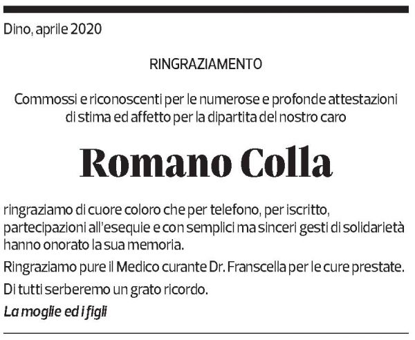 Annuncio funebre Romano Colla