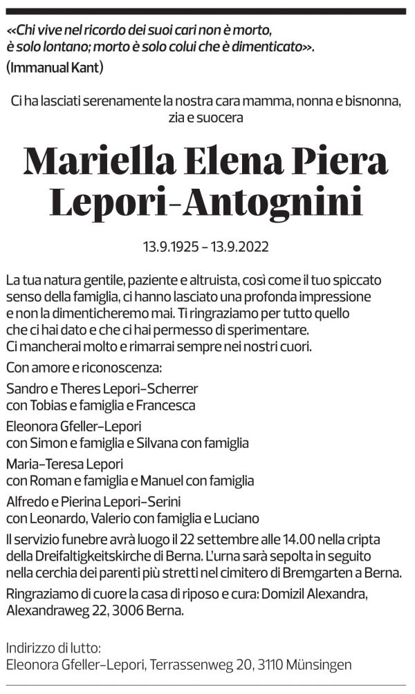 Annuncio funebre Mariella Elena Piera Lepori-antognini