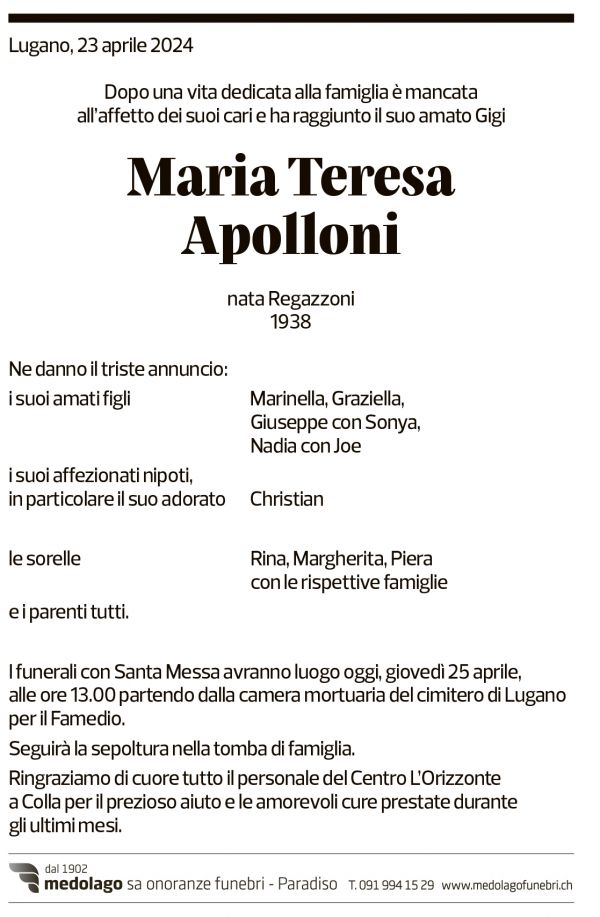 Annuncio funebre Maria Teresa Apolloni