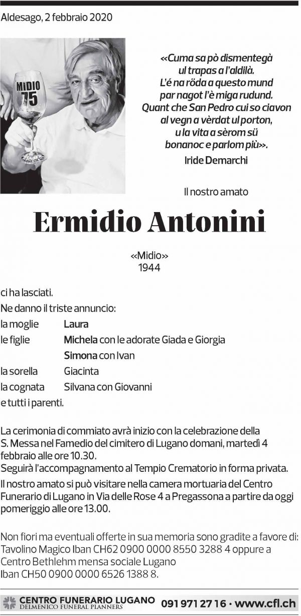 Annuncio funebre Ermidio Antonini