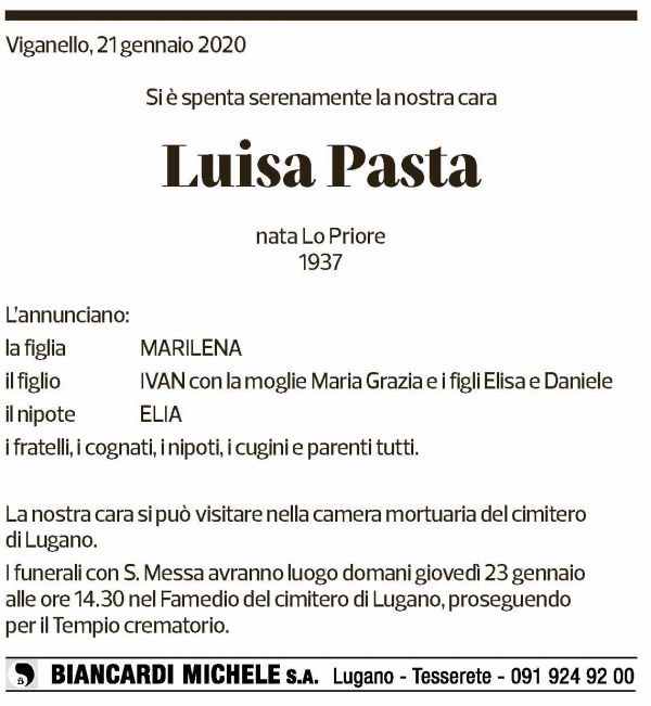 Annuncio funebre Luisa Pasta