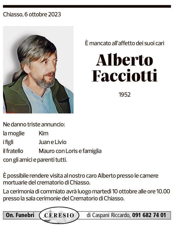 Annuncio funebre Alberto Facciotti