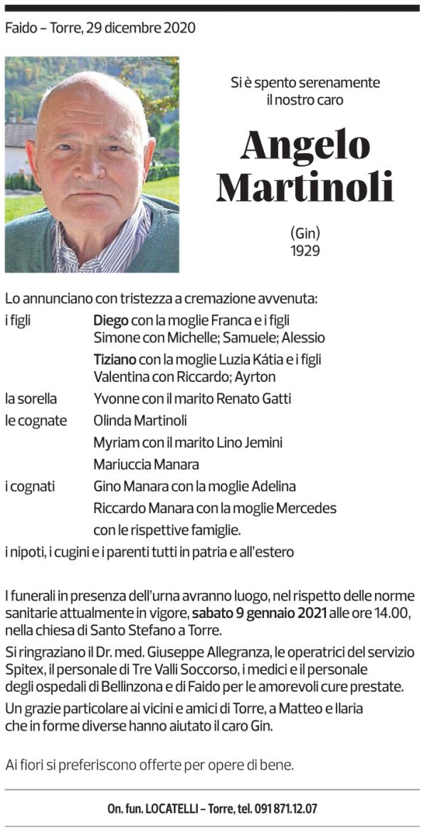 Annuncio funebre Angelo Martinoli