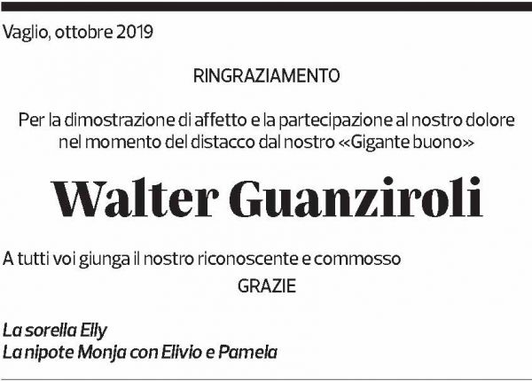 Annuncio funebre Walter Guanziroli