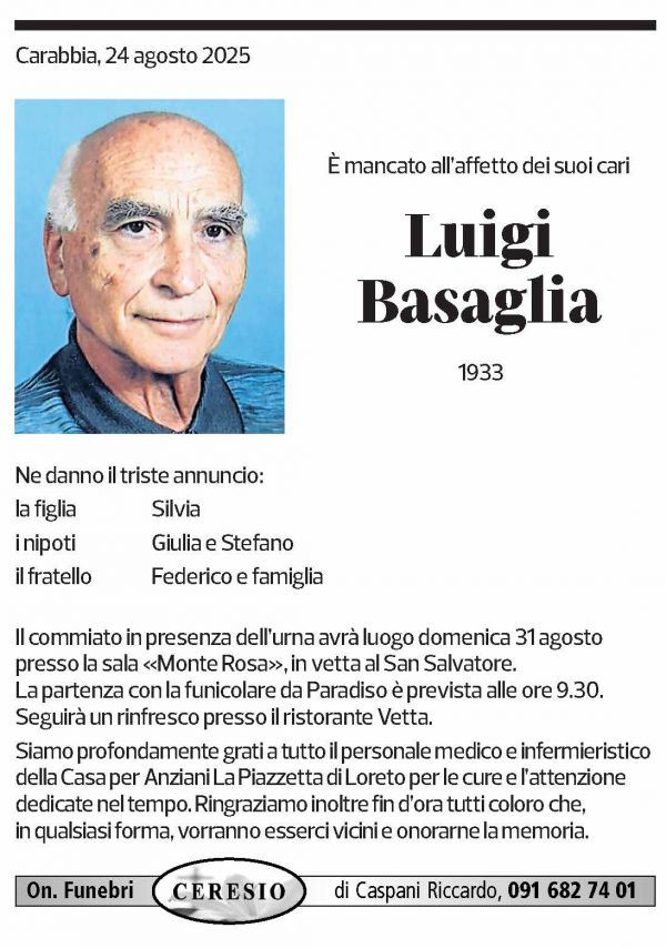 Annuncio funebre Luigi Basaglia