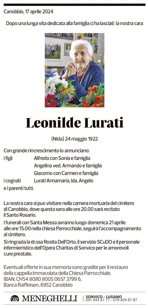 Annuncio funebre Leonilde Lurati