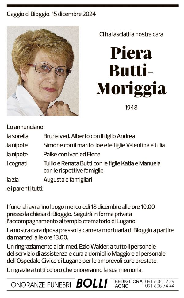 Annuncio funebre Piera Butti-moriggia