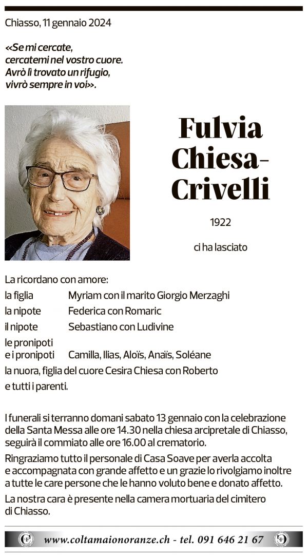 Annuncio funebre Fulvia Chiesa-crivelli