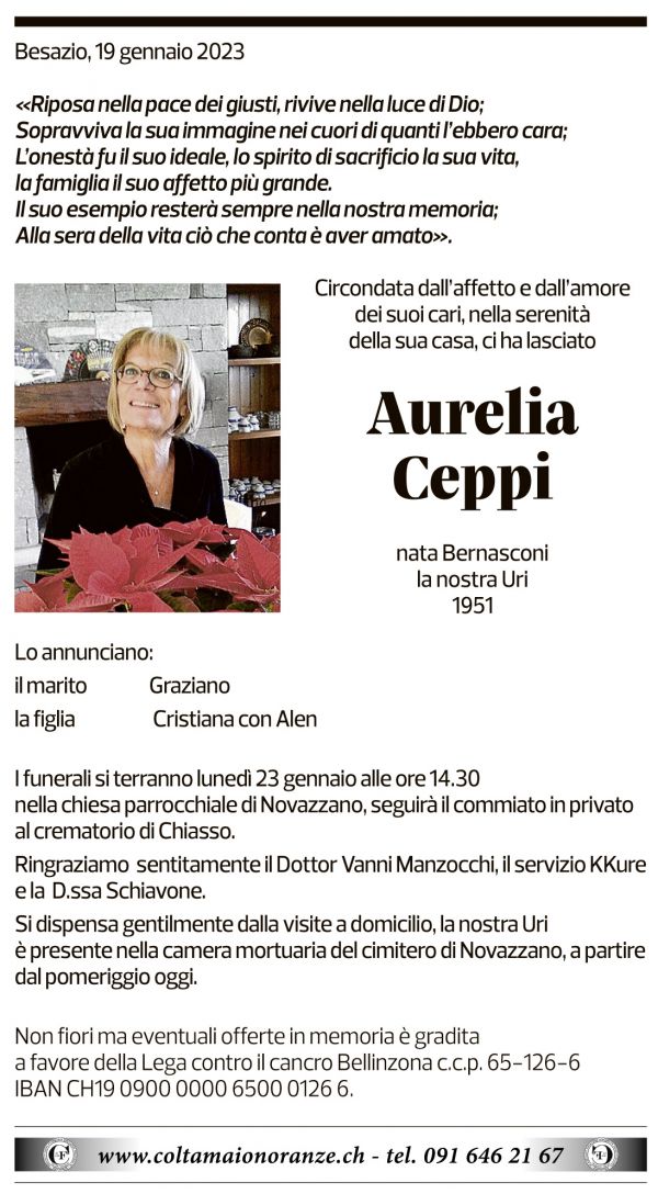 Annuncio funebre Aurelia Ceppi