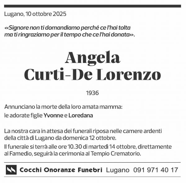 Annuncio funebre Angela Curti-de Lorenzo